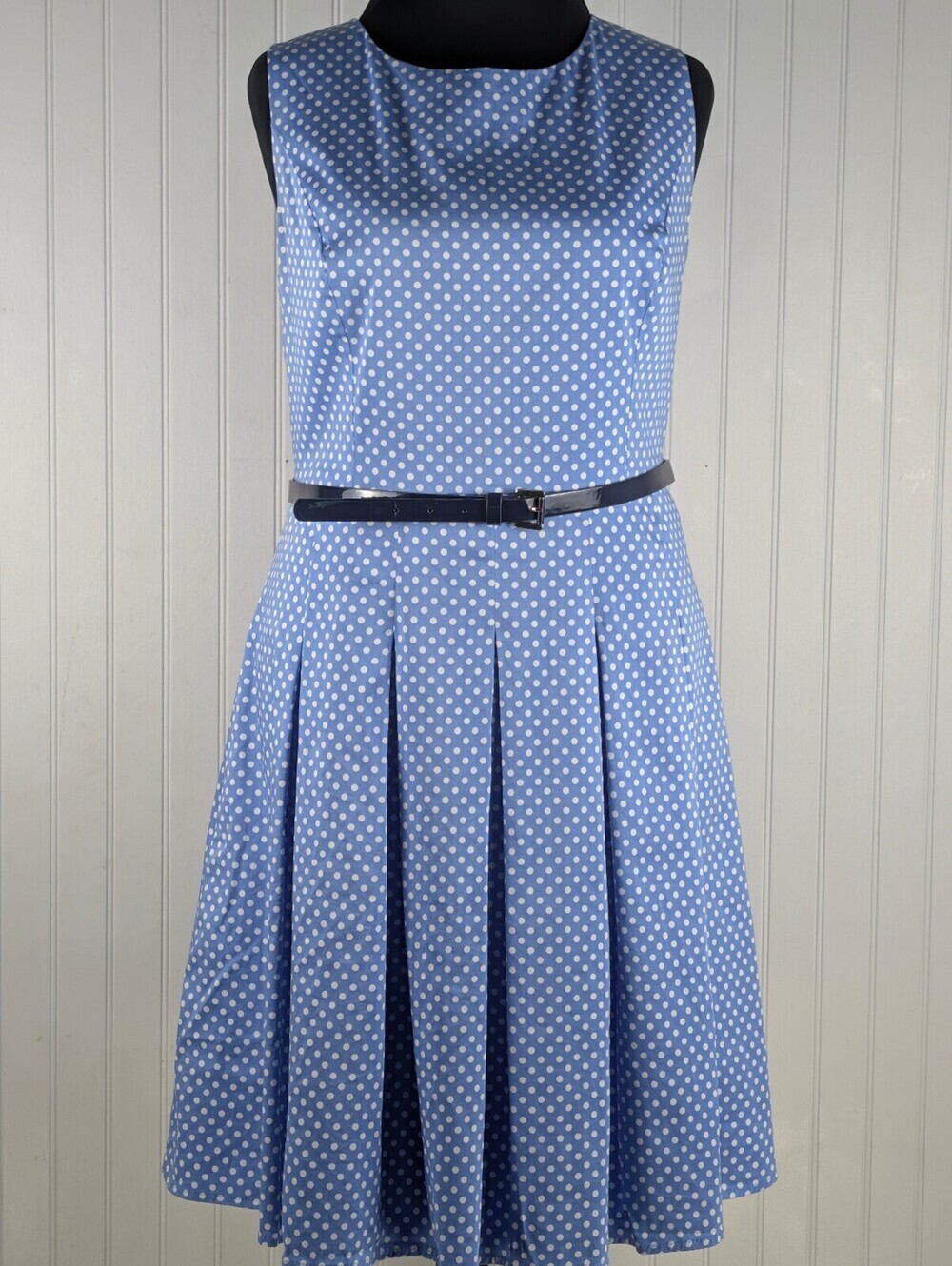 Tommy Hilfiger Light Blue Polka Dot Sleeveless Dress with Belt Size 16
